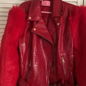 Vibrant Red Leather Jacket with Faux Fur Accents